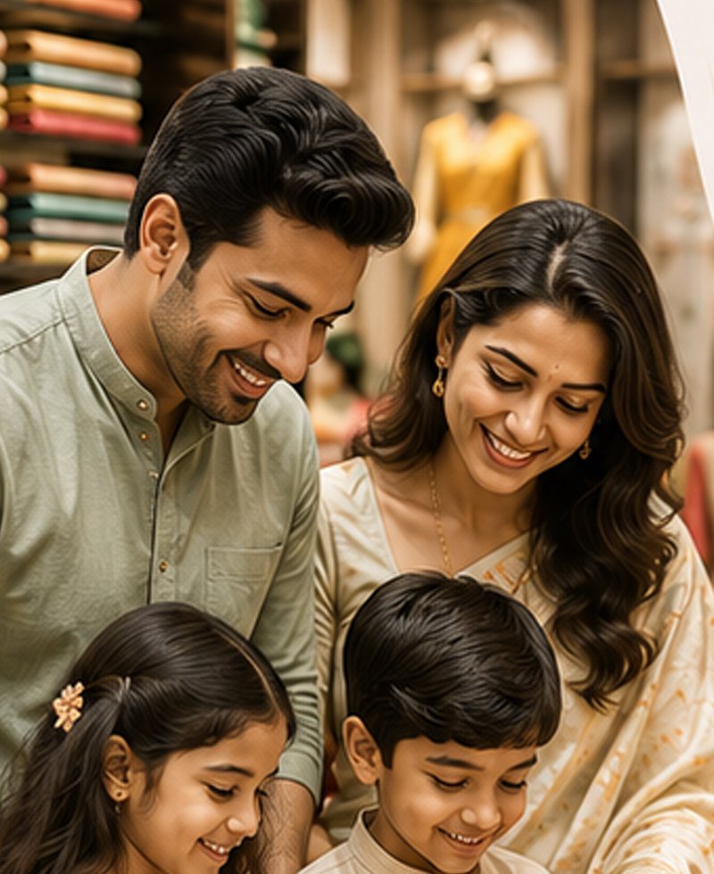 Family looking at festive fabric together