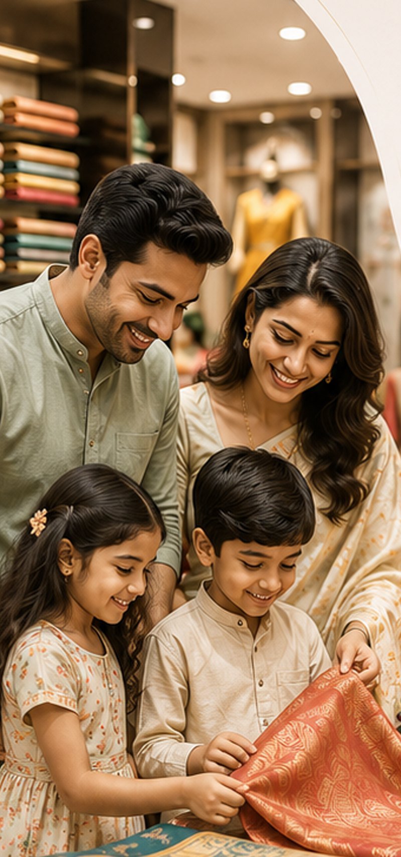A family choosing silk fabric together in a textile shop